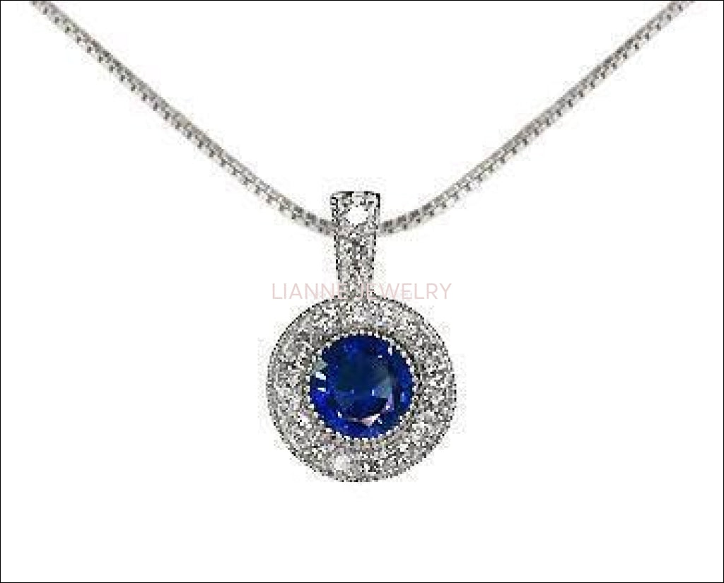 Pendant Sapphire Pendant Necklace 14K Yellow or White gold Round Halo Pendant Top quality Sapphire and Diamonds - Lianne Jewelry