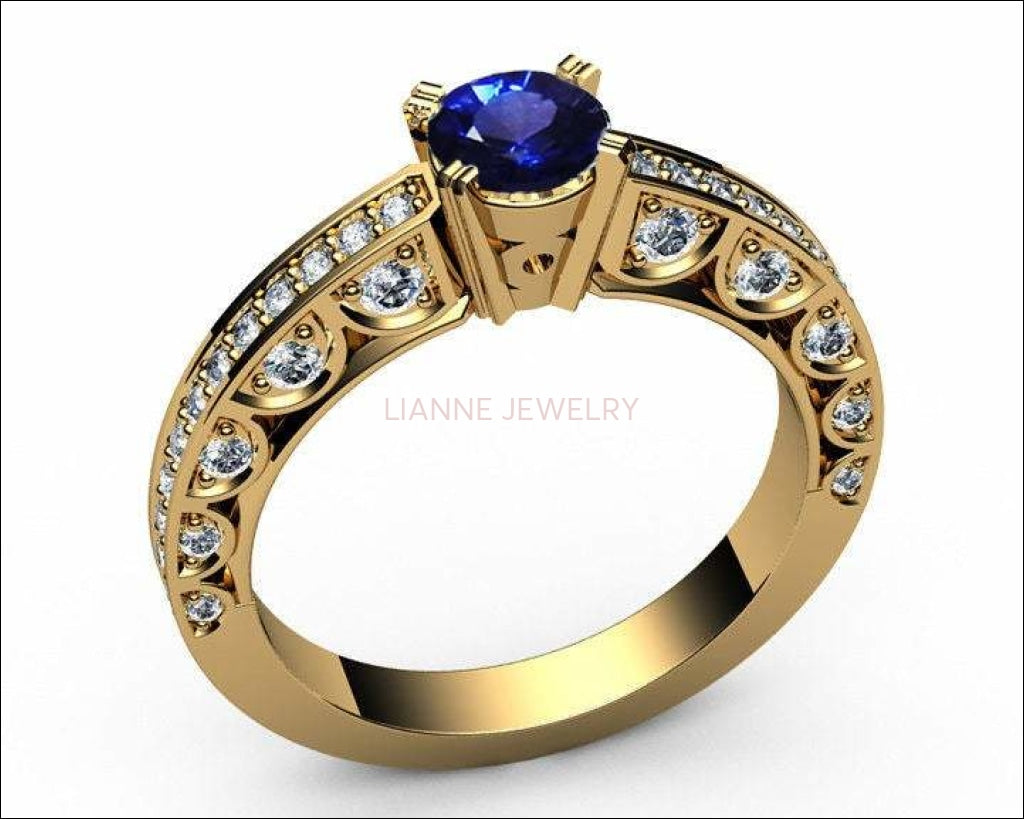 Unique Ring Engagement Ring Diamond Ring Blue Sapphire Bella channel-set pavé half moon trellis crafted in 18K White gold - Lianne Jewelry