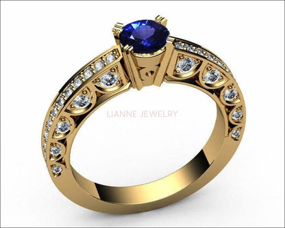 Unique Ring Engagement Ring Diamond Ring Blue Sapphire Bella channel-set pavé half moon trellis crafted in 18K White gold - Lianne Jewelry