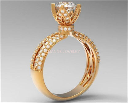 18K Rose Gold Filigree Crown Ring High Setting Unique Engagement Ring with Princess Split Shank Pave setting Ring - Lianne Jewelry