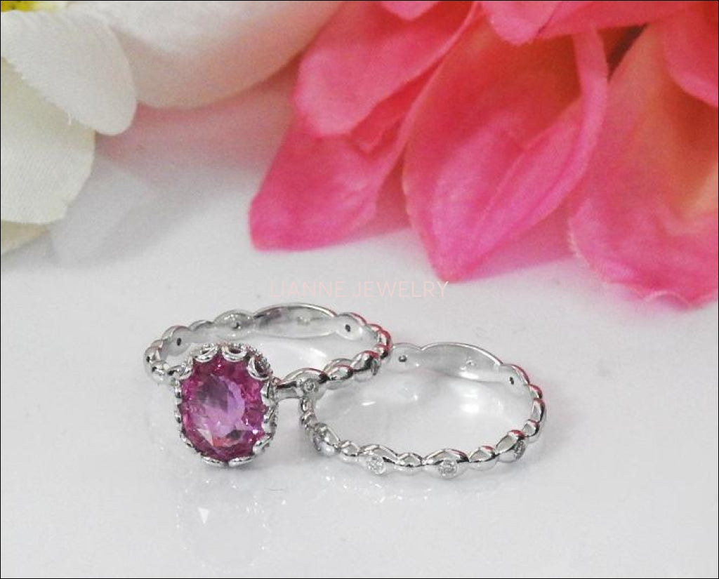 Wedding Ring Set, Bridal Sets, Pink Sapphire, Engagement rings, Diamond Bridal, Diamond wedding sets, Diamond rings, Diamond Wedding Ring - Lianne Jewelry