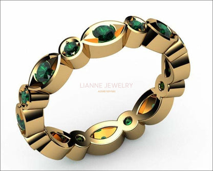 Gold ring Emerald Eternity Ring Anniversary Ring 18K Gold Emerald Ring Anniversary ring Contour ring - Lianne Jewelry