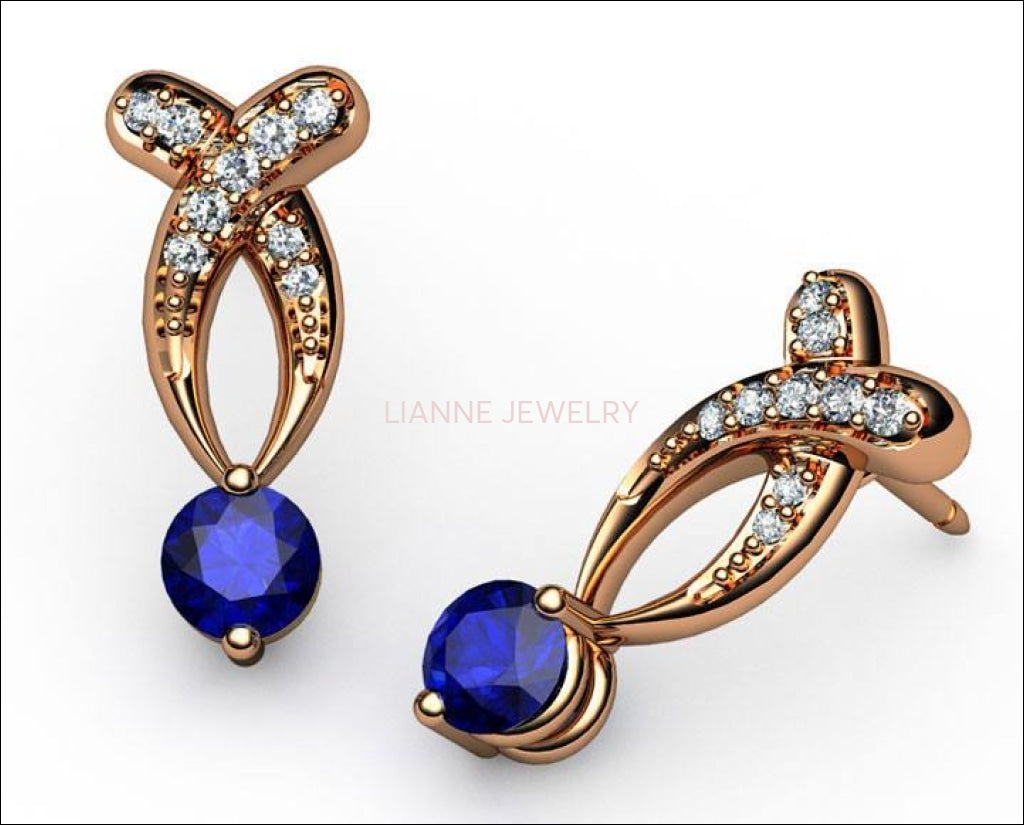 Twist Earrings Gold Earrings Sapphire Earrings Sapphire Studs Earrings Bypass Stud Earrings 14K or 18K White Yellow or Rose gold - Lianne Jewelry