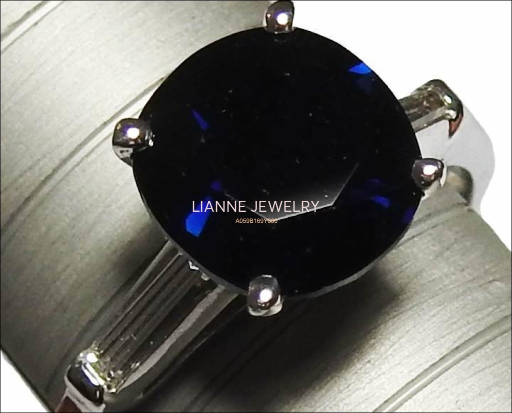 3 Stone Vintage Sapphire ring 8mm round Dark Sapphire flanked by 2 tapered baguette diamonds Gorgeous ring in White Gold - Lianne Jewelry