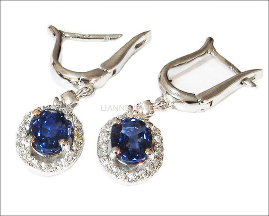 Lever back Vintage Earrings Oval Sapphire surrounded Diamonds Birthday Gift Woman Earrings Edwardian Earrings Drop earrings 14K White Gold - Lianne Jewelry