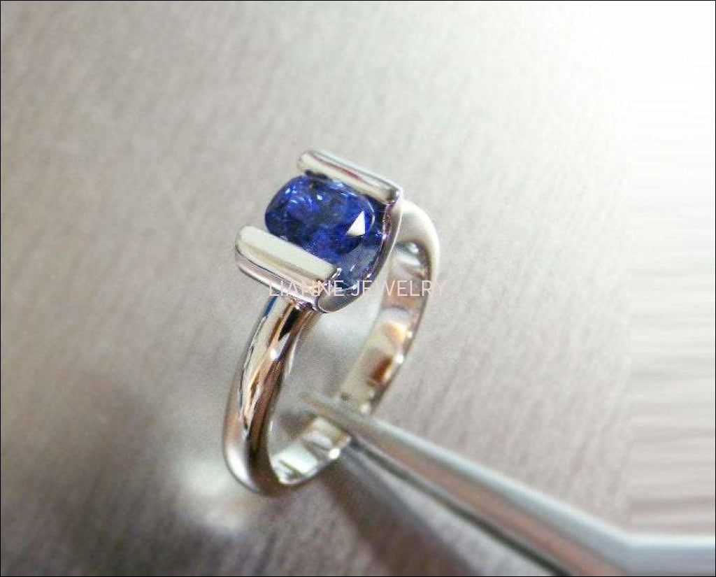 Sapphire Solitaire Ring, Tension ring, Radiant cut Deep Extra Fine deep Royal Blue 18K Yellow gold - Lianne Jewelry