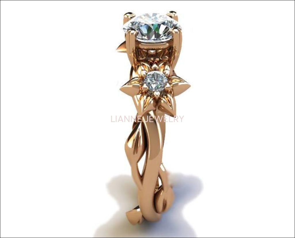 Brutalist ring Moissanite ring Art Nouveau unique engagement ring Solid Gold Flower design in Rose gold - Lianne Jewelry
