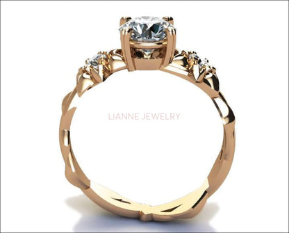 Brutalist ring Moissanite ring Art Nouveau unique engagement ring Solid Gold Flower design in Rose gold - Lianne Jewelry