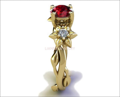 Filigree ring flower ring Asian Ruby Ring Art Nouveau unique Engagement ring Solid Gold Flower design in Yellow gold - Lianne Jewelry