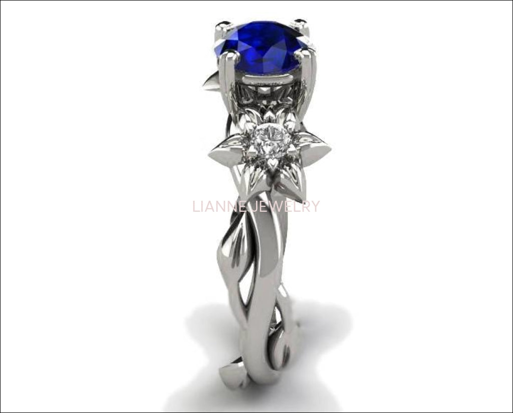 Blue Sapphire Engagement Ring Mother to be Ring Promise Ring Art Deco Floral ring Solid Gold  Flower design 14K or 18K White gold - Lianne Jewelry