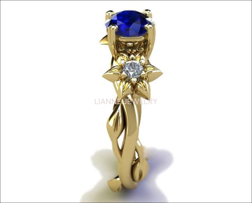 Filigree ring Gold ring Sapphire Ring Art Nouveau unique Engagement ring Solid Gold Flower design in Yellow gold - Lianne Jewelry