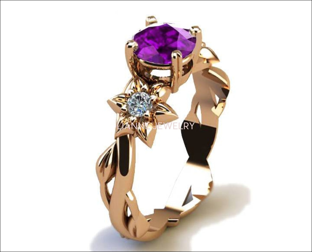Filigree Mother to bride ring Gold ring Amethyst Ring Art Nouveau unique ring Solid Gold Flower design in Rose gold - Lianne Jewelry