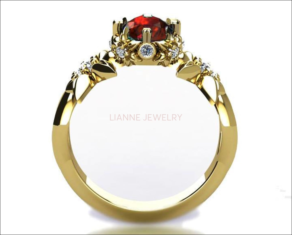Filigree ring, Gold ring, Mothers day gift, Art Nouveau unique Engagement ring Solid Gold Asian Ruby ring Flower design in Yellow gold - Lianne Jewelry