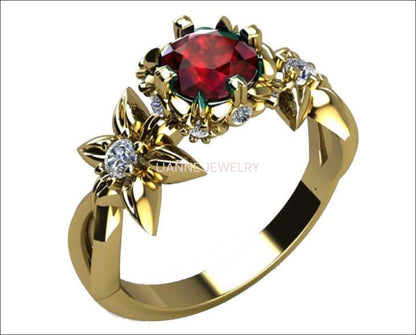 Filigree ring, Gold ring, Mothers day gift, Art Nouveau unique Engagement ring Solid Gold Asian Ruby ring Flower design in Yellow gold - Lianne Jewelry