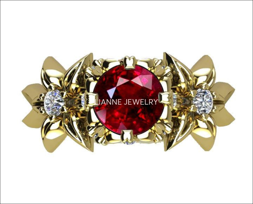Filigree ring, Gold ring, Mothers day gift, Art Nouveau unique Engagement ring Solid Gold Asian Ruby ring Flower design in Yellow gold - Lianne Jewelry