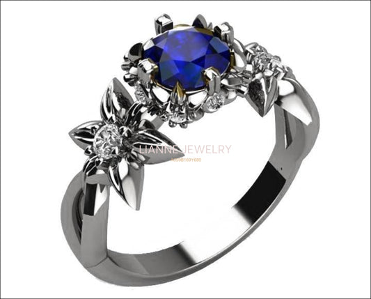 Filigree ring Edwardian Sapphire ring Art Nouveau unique Engagement ring Solid Gold Sapphire ring Flower design in White gold - Lianne Jewelry