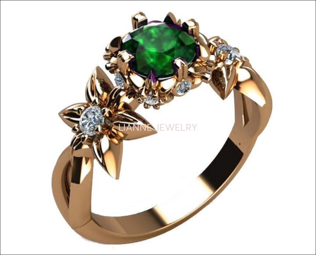 Filigree ring Gold ring Art Nouveau unique Engagement ring Solid Gold Emerald ring Flower design in Rose gold - Lianne Jewelry