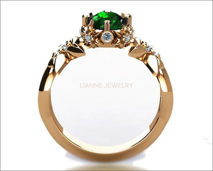 Filigree ring Gold ring Art Nouveau unique Engagement ring Solid Gold Emerald ring Flower design in Rose gold - Lianne Jewelry