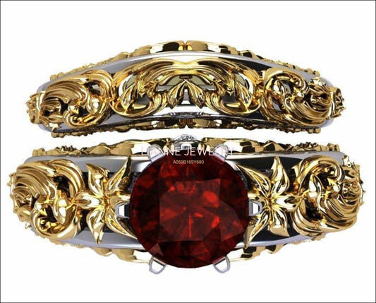 Gold ring Art Nouveau unique Bridal set Two Tone gold Flower Asian Ruby Ring Braided Engraving Trellis Asian Ruby matching wedding band - Lianne Jewelry