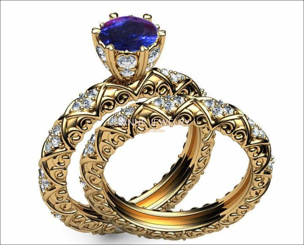 Wedding Gift, Unique Bridal set Sapphire & Diamond Braided Pavé Engraving matching wedding band in 14K or 18K Yellow gold marriage forever - Lianne Jewelry