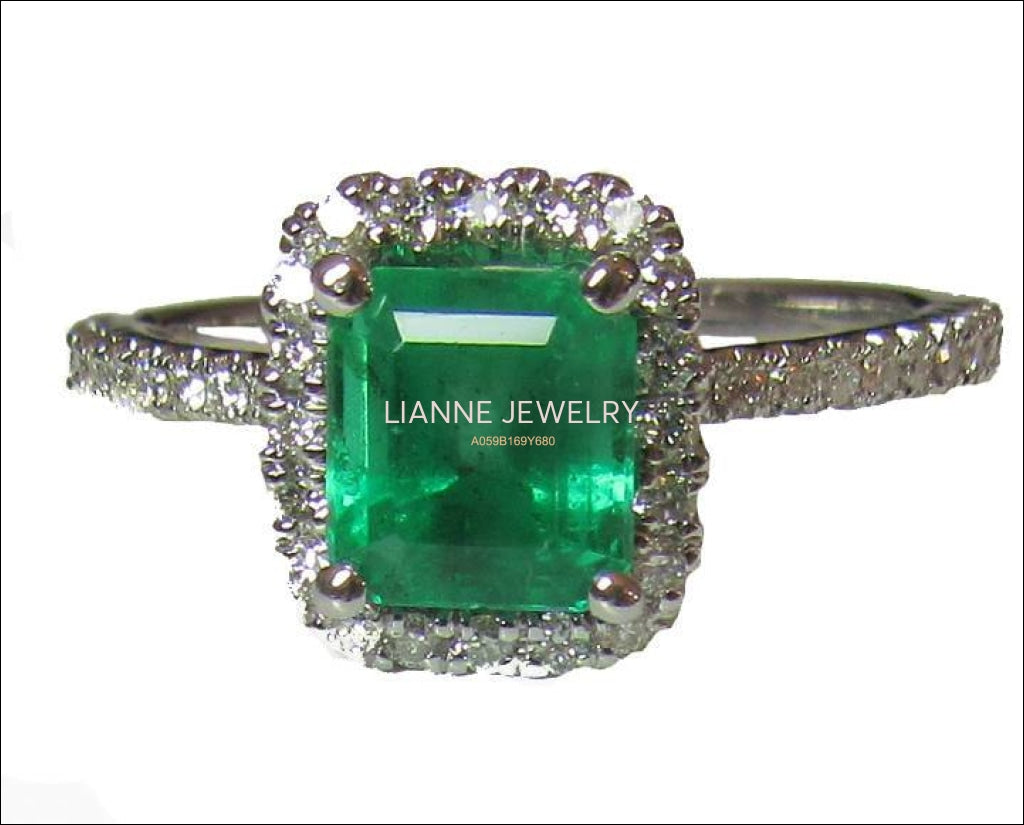 Vintage Emerald Engagement Ring 14K White Gold Halo Princess Diana Ring Vintage Style Unique Engagement Ring - Lianne Jewelry