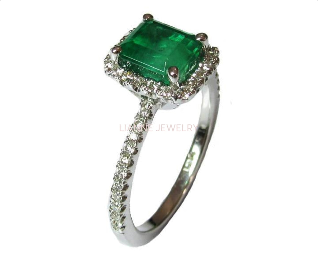 Vintage Emerald Engagement Ring 14K White Gold Halo Princess Diana Ring Vintage Style Unique Engagement Ring - Lianne Jewelry