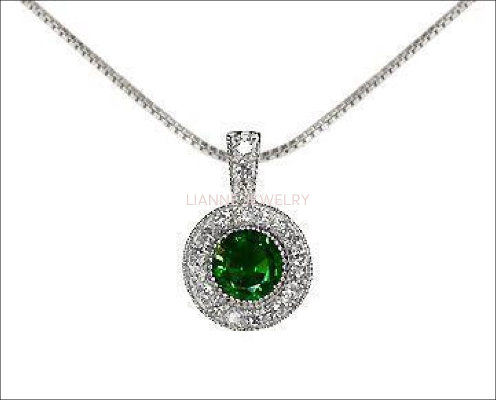 Emerald Pendant Necklace 14K Yellow or White gold Round Halo Pendant Top quality Emerald and Diamonds Minimalist pendant - Lianne Jewelry