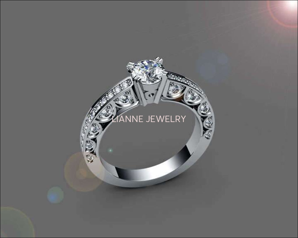 Unique Ring Engagement Ring Diamond Ring White Sapphire Bella channel-set pavé half moon trellis crafted in 18K Yellow or 18K White gold - Lianne Jewelry