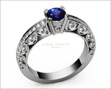 Unique Ring Engagement Ring Diamond Ring Blue Sapphire Bella channel-set pavé half moon trellis crafted in 18K White gold - Lianne Jewelry