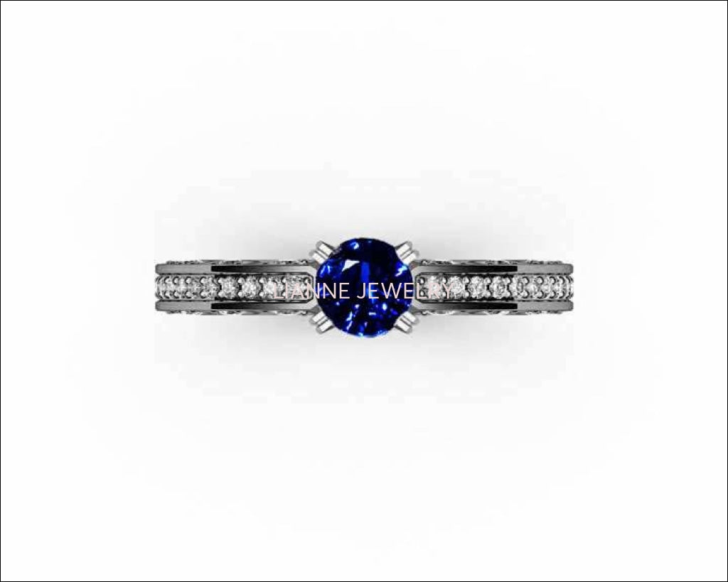 Unique Ring Engagement Ring Diamond Ring Blue Sapphire Bella channel-set pavé half moon trellis crafted in 18K White gold - Lianne Jewelry