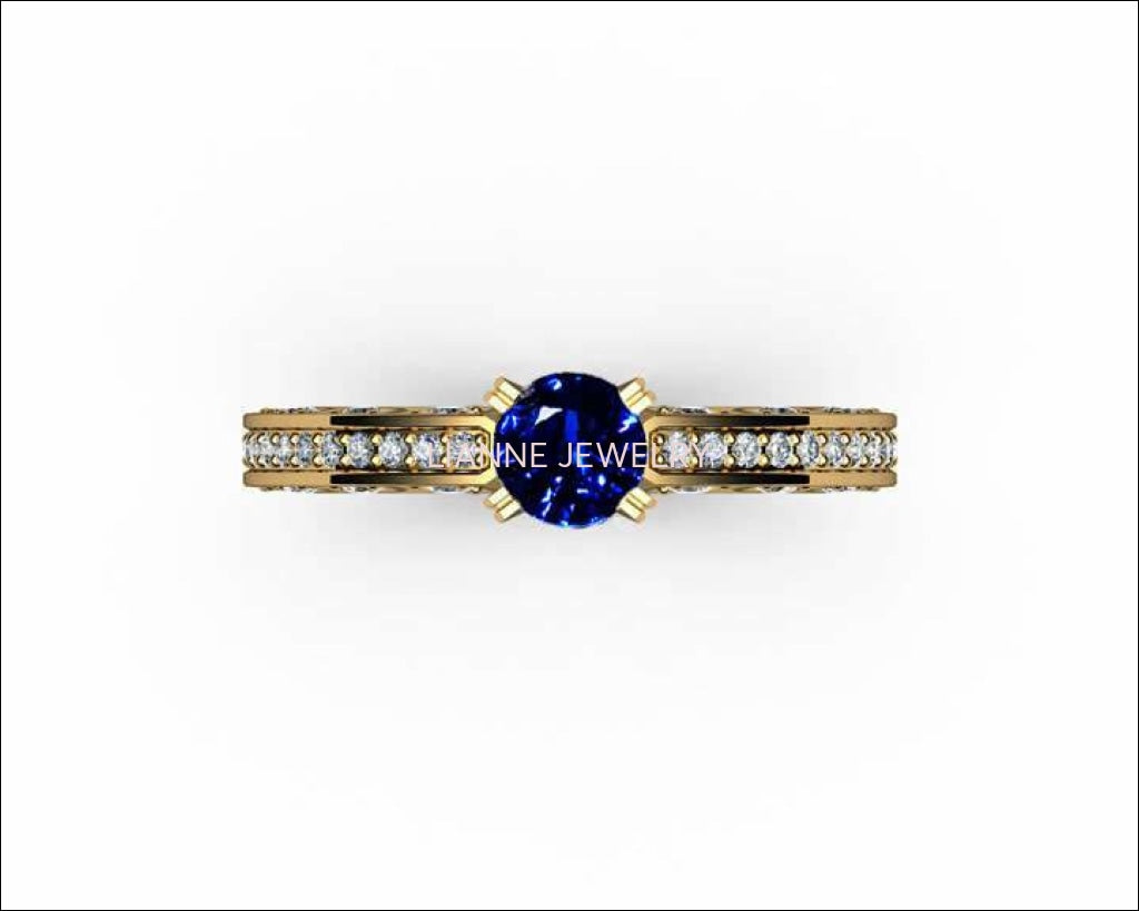 Unique Ring Engagement Ring Diamond Ring Blue Sapphire Bella channel-set pavé half moon trellis crafted in 18K White gold - Lianne Jewelry