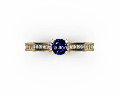 Unique Ring Engagement Ring Diamond Ring Blue Sapphire Bella channel-set pavé half moon trellis crafted in 18K White gold - Lianne Jewelry