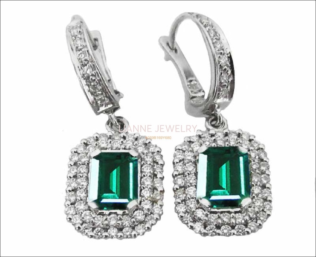 Vintage Genuine 14K White Gold Emerald Earrings Wedding earring Dimonds and birthstone jewellery Hollywood Chic Jewelry Gift For Her - Lianne Jewelry