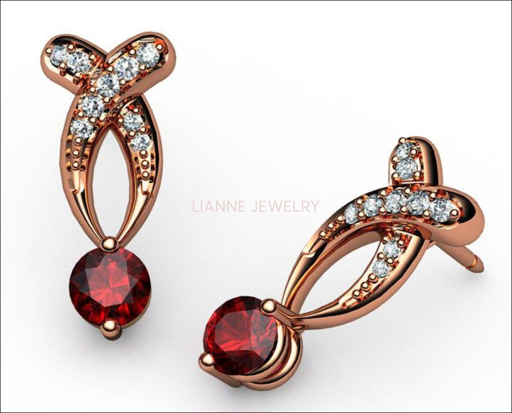 Celtic Earrings Stud Earrings Ruby Earrings Ruby Studs Diamond Earrings Twist Earrings Diamond Studs Bypass Earrings, July Birthstone - Lianne Jewelry