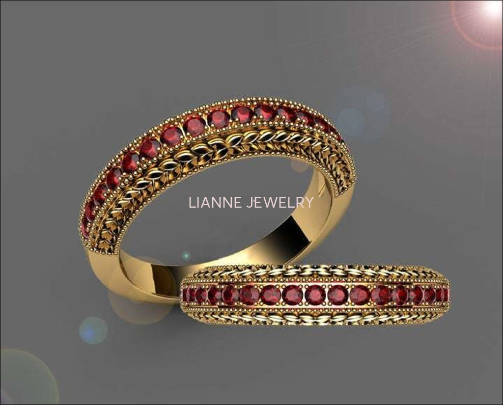 Ruby Wedding Band Milgrain Vintage Ring 17 Rubies 18K White gold or 18K Yellow gold 17th Anniversary Ring - Lianne Jewelry