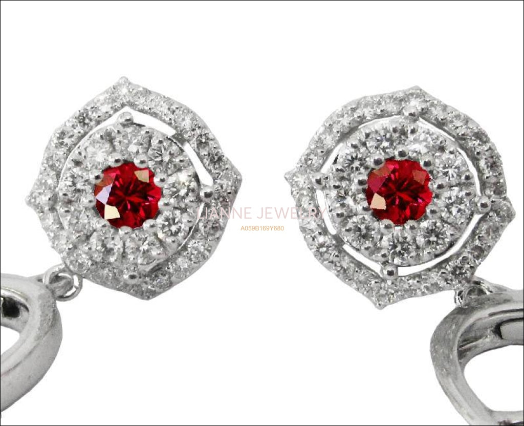 Halo Cluster Earrings Diamond & Ruby Dainty Vintage Square Earrings, White gold - Lianne Jewelry