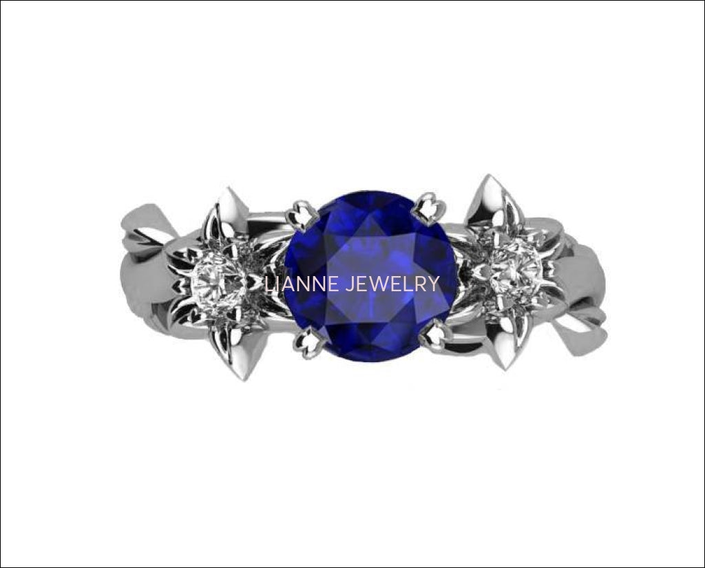 Blue Sapphire Engagement Ring Mother to be Ring Promise Ring Art Deco Floral ring Solid Gold  Flower design 14K or 18K White gold - Lianne Jewelry