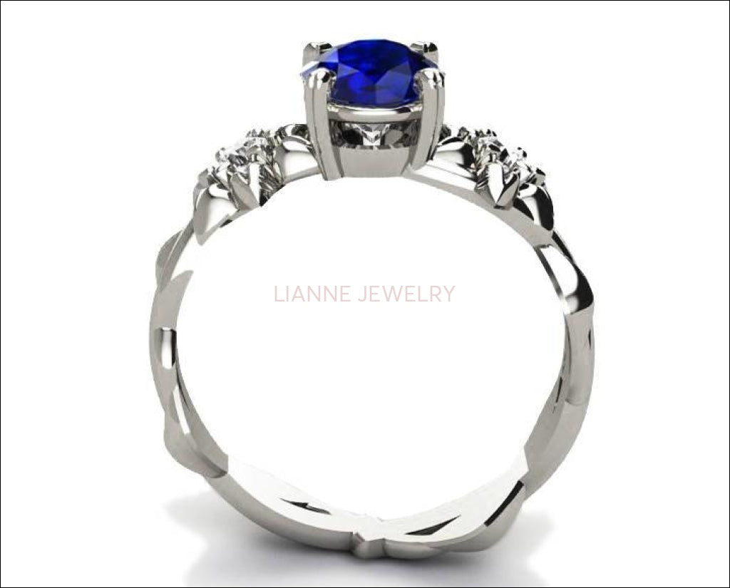 Blue Sapphire Engagement Ring Mother to be Ring Promise Ring Art Deco Floral ring Solid Gold  Flower design 14K or 18K White gold - Lianne Jewelry