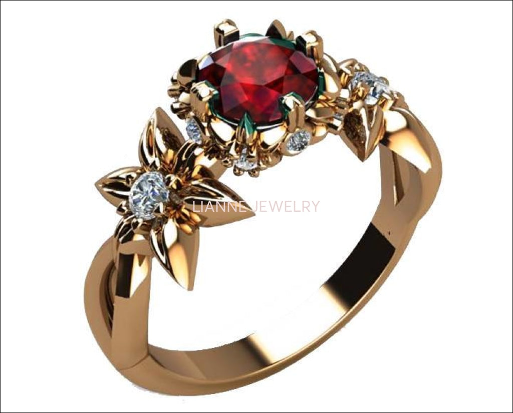 Promise ring Gold ring Anniversary ring Edwardian ring unique ring Solid Gold  Asian Ruby ring Flower ring, 14K or 18K Rose gold - Lianne Jewelry