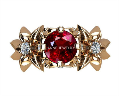 Promise ring Gold ring Anniversary ring Edwardian ring unique ring Solid Gold  Asian Ruby ring Flower ring, 14K or 18K Rose gold - Lianne Jewelry