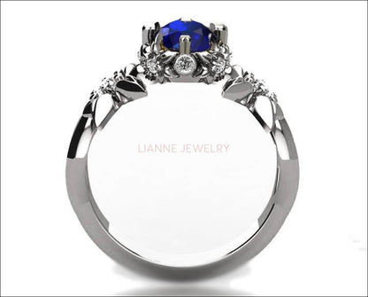 Filigree ring Edwardian Sapphire ring Art Nouveau unique Engagement ring Solid Gold Sapphire ring Flower design in White gold - Lianne Jewelry