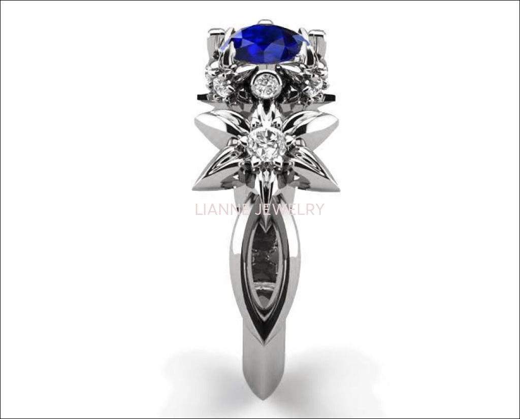 Filigree ring Edwardian Sapphire ring Art Nouveau unique Engagement ring Solid Gold Sapphire ring Flower design in White gold - Lianne Jewelry