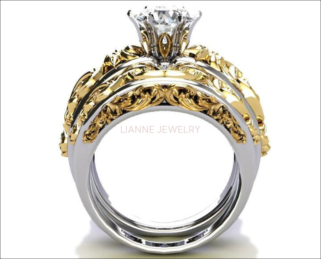 Bridal set Two Tone gold Flower Ring Braided Engraving Trellis Moissanite matching Art Nouveau unique wedding band - Lianne Jewelry