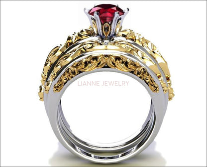 Gold ring Art Nouveau unique Bridal set Two Tone gold Flower Asian Ruby Ring Braided Engraving Trellis Asian Ruby matching wedding band - Lianne Jewelry