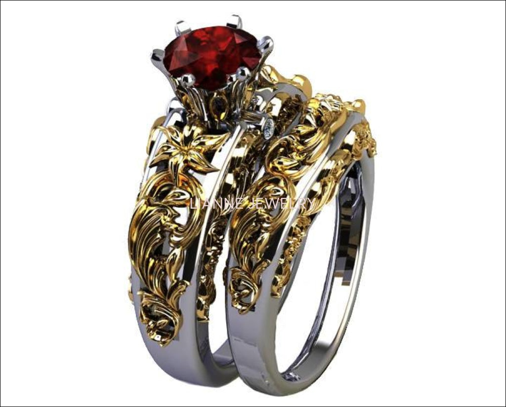 Gold ring Art Nouveau unique Bridal set Two Tone gold Flower Asian Ruby Ring Braided Engraving Trellis Asian Ruby matching wedding band - Lianne Jewelry