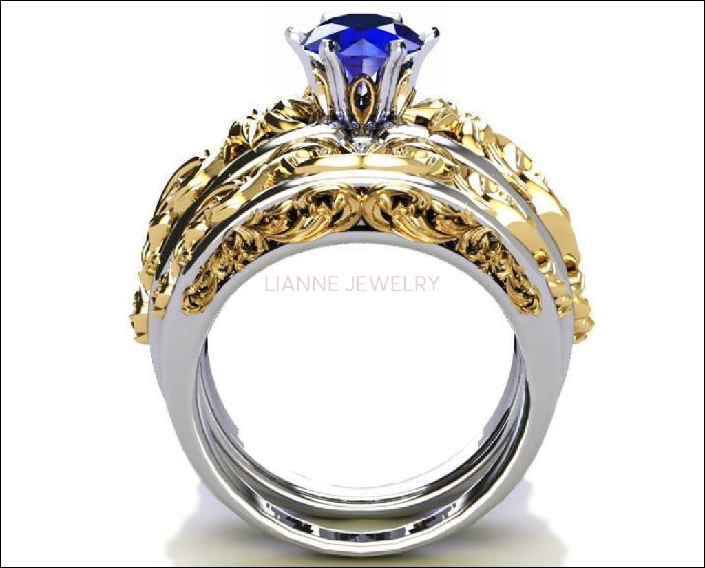 Bridal set Brutalist ring Two Tone Sapphire gold Flower Sapphire Ring  Braided Engraving Trellis Sapphire matching wedding band - Lianne Jewelry