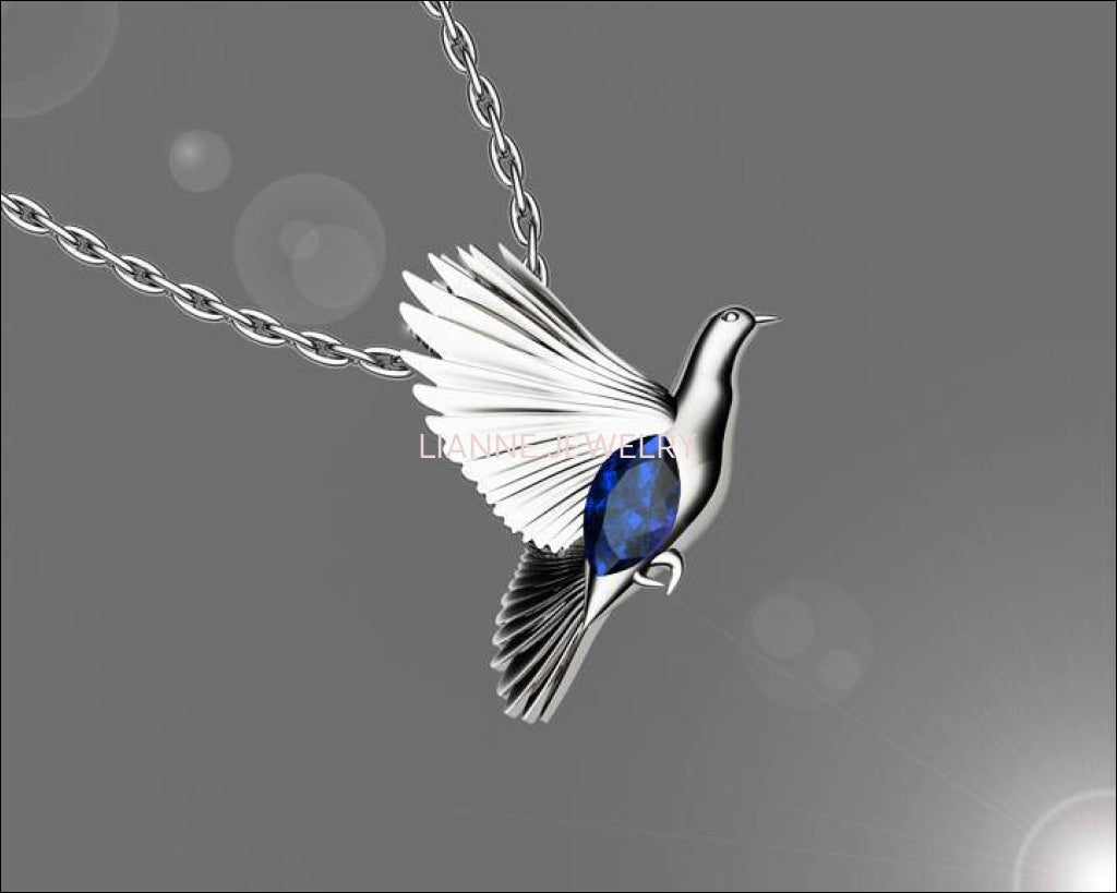 Bird Pendant Minimalist pendant 14K white gold Pendant Blue Pendant Wings Pendant Peace Bird Sapphire Pendant Marquise stone including chain - Lianne Jewelry