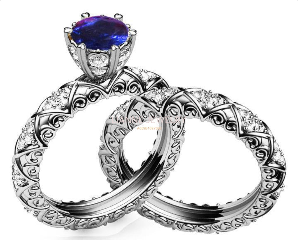 Wedding Gift Unique Bridal set Sapphire & Diamond Braided Pavé Engraving matching wedding band in 14K or 18K White gold marriage forever - Lianne Jewelry