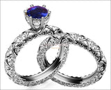 Wedding Gift Unique Bridal set Sapphire & Diamond Braided Pavé Engraving matching wedding band in 14K or 18K White gold marriage forever - Lianne Jewelry