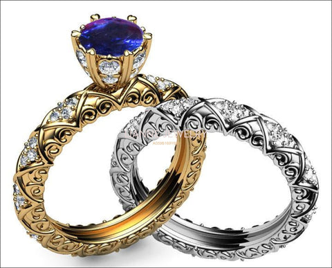 2 Tone Matching Unique Bridal set Wedding Band Ring Marriage Sapphire & Diamond Braided Pavé Engraving in 14K or 18K Yellow and White gold - Lianne Jewelry
